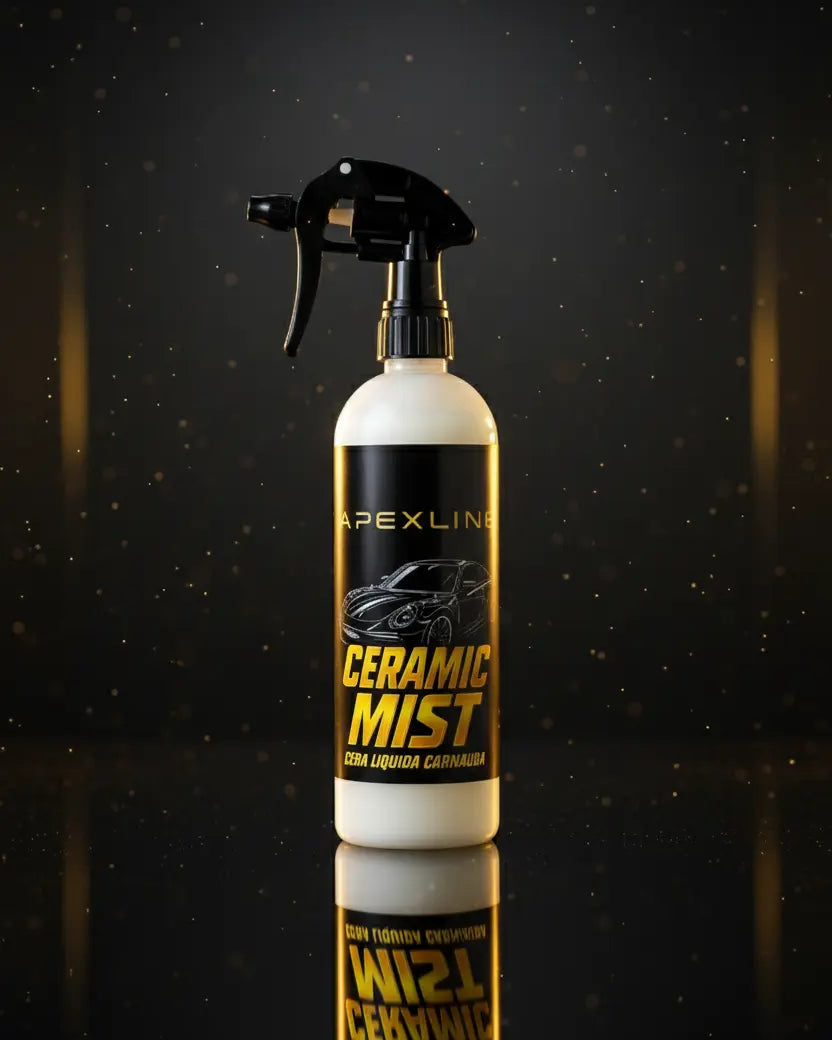 Foto producto con fondo negro con luz dorada ambiental, caramic mist cera líquida de carnauba marca apexline letras en dorado y etiqueta negra, producto color blanco