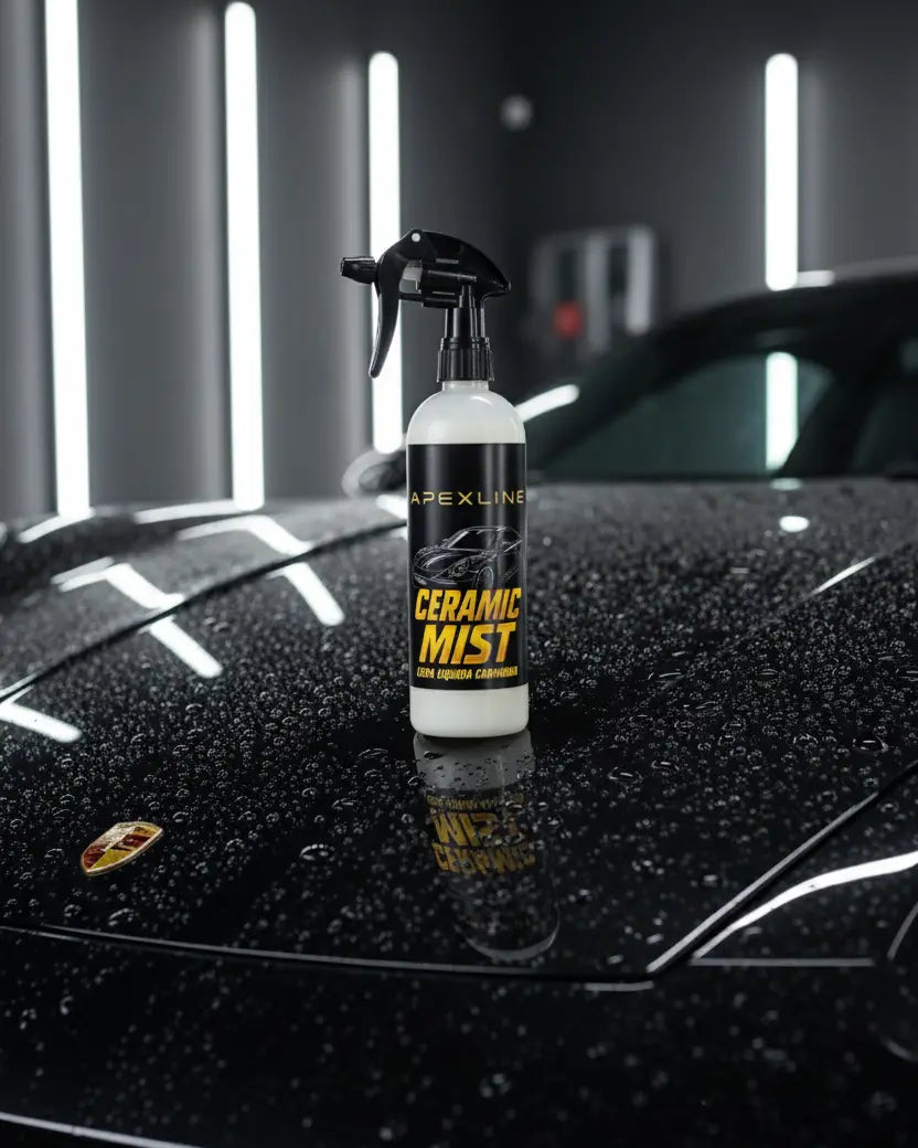 Foto producto con fondo de capó de coche de lujo negro mojado, caramic mist cera líquida de carnauba marca apexline letras en dorado y etiqueta negra, producto color blanco