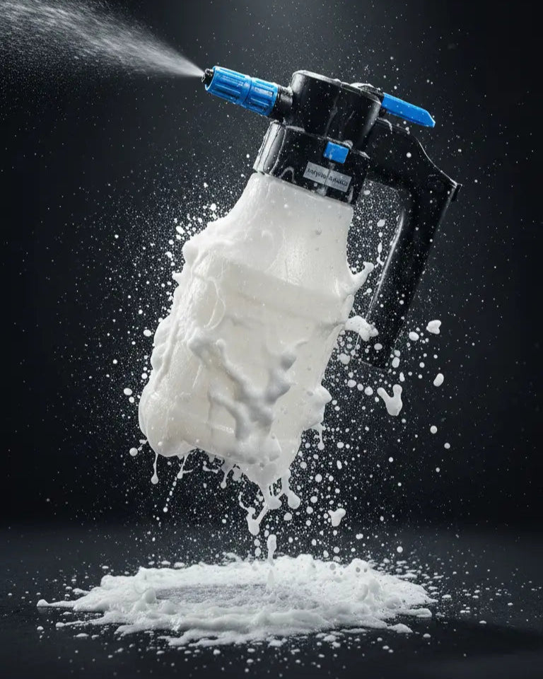 Foto con fondo negro y espumador foamer en el centro soltando espuma blanca. Espumador a batería con cargador incluido de 1.5L de capacidad.