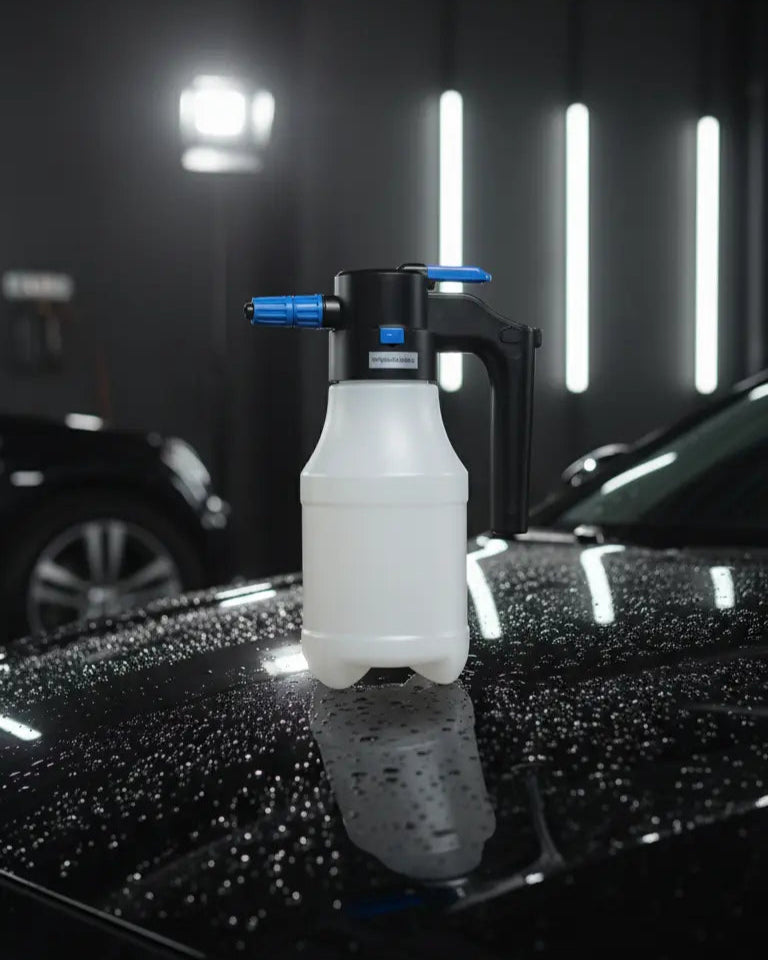 Foto con fondo de capó de coche negro mojado y espumador foamer en el centro. Espumador a batería con cargador incluido de 1.5L de capacidad.