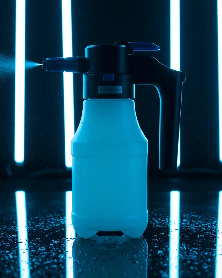 Foto con fondo con luces de neón azules y espumador foamer en el centro. Espumador a batería con cargador incluido de 1.5L de capacidad.