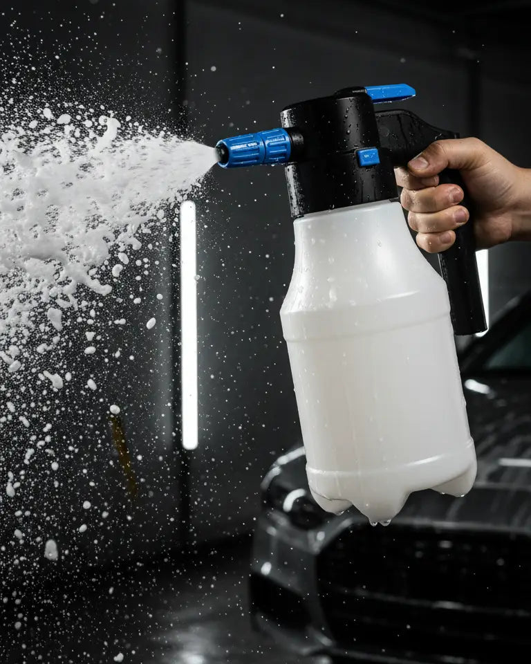 Foto con fondo negro de workshop y espumador foamer en el centro siendo usado por una mano de persona. Espumador a batería con cargador incluido de 1.5L de capacidad.