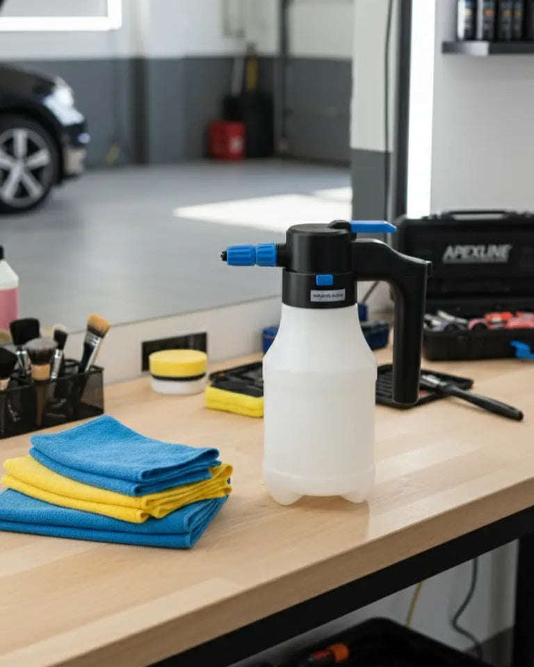 Foto con fondo de tienda de detailing de coches y espumador foamer en el centro. Espumador a batería con cargador incluido de 1.5L de capacidad.