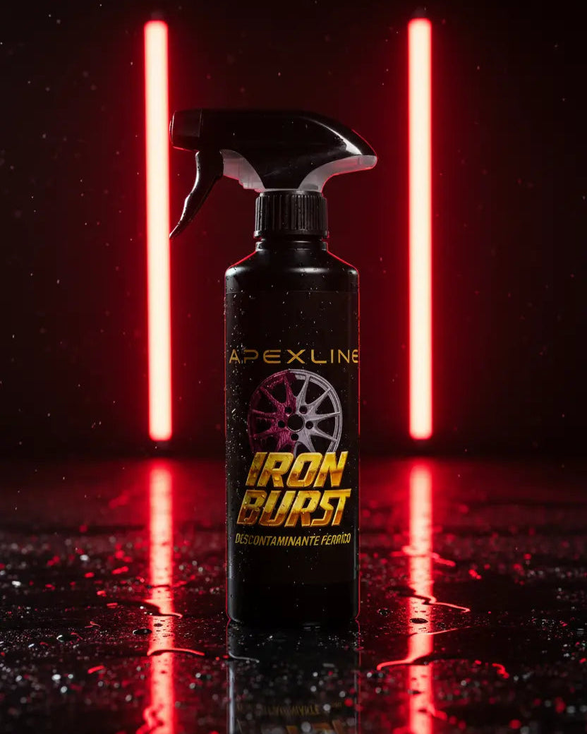 Foto producto con fondo con luces neon rojas y suelo negro mojado reflectante, iron burst descontaminante férrico limpiallantas, marca apexline letras en dorado y etiqueta negra, producto color negro