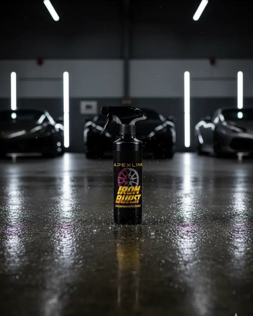 Foto producto con fondo de coches de lujo en garaje, iron burst descontaminante férrico limpiallantas, marca apexline letras en dorado y etiqueta negra, producto color negro
