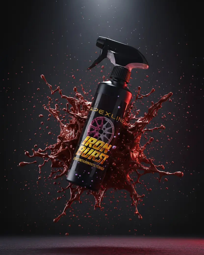 Foto producto con fondo negro con producto rodeado de liquido rojo morado, iron burst descontaminante férrico limpiallantas, marca apexline letras en dorado y etiqueta negra, producto color negro