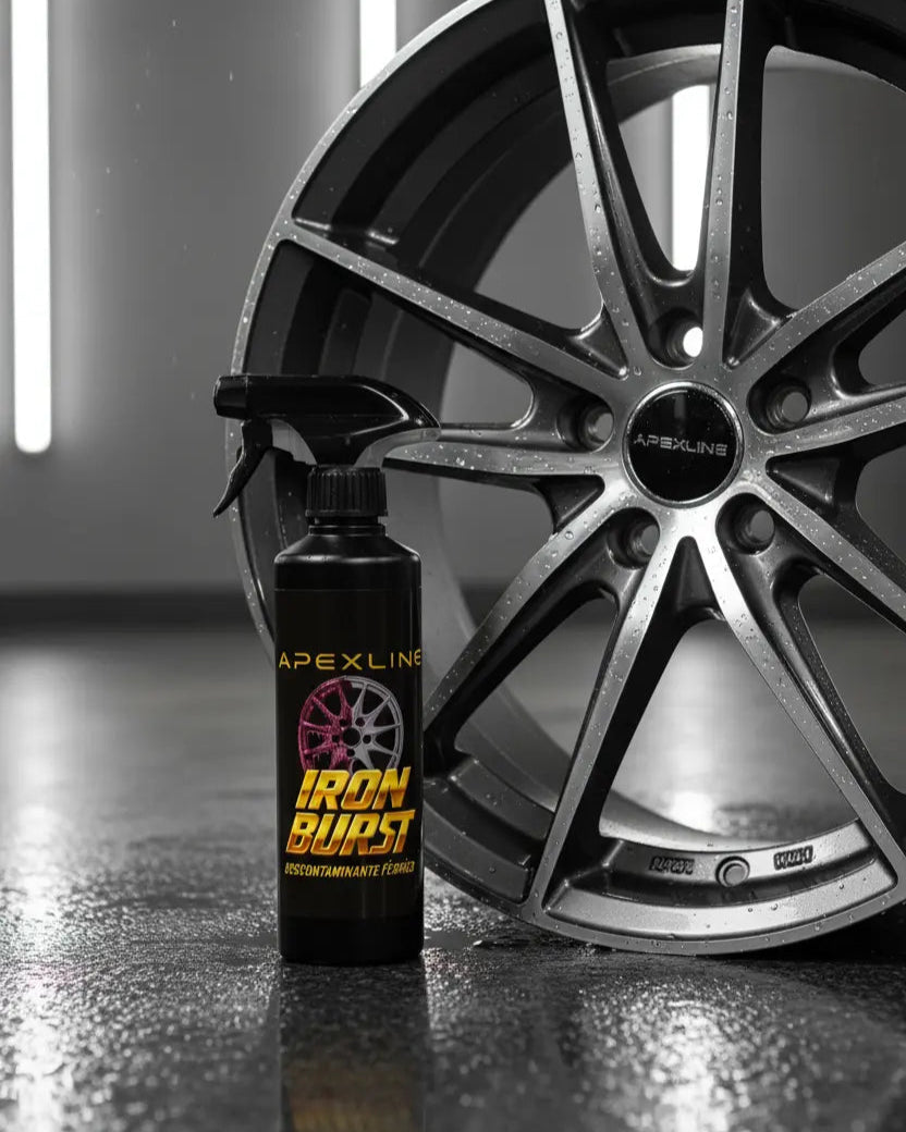 Foto producto con fondo de llanta limpia junto a producto, iron burst descontaminante férrico limpiallantas, marca apexline letras en dorado y etiqueta negra, producto color negro