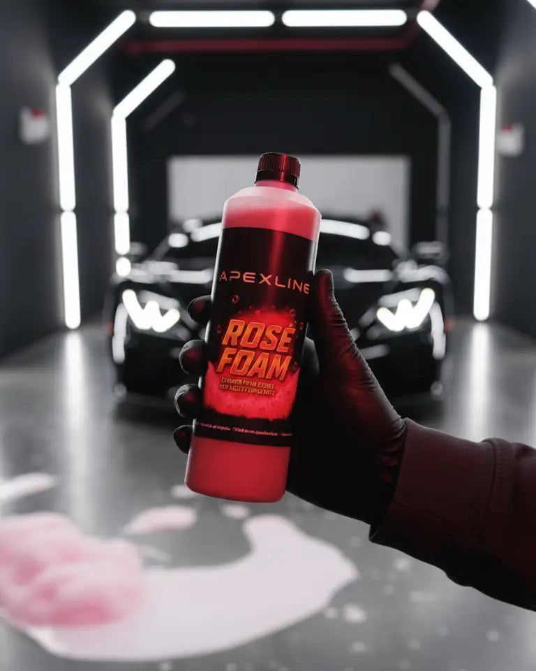 Foto con fondo de coche deportivo y champú para coche con agente espumante de color rosa en el centro. Botella de champú rosa para coche PH neutro de alta tecnología.