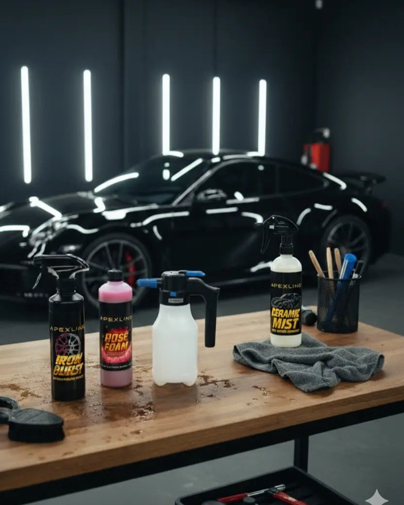 Foto con varios productos de detailing juntos en una garaje con coche deportivo de fondo. Pack de 5 productos.