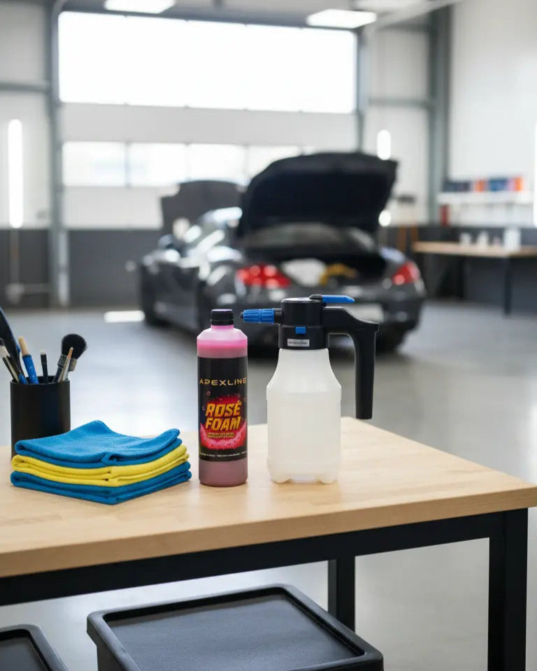 Foto pack 2 producto encima de mesa de garaje con champú para coches y foamer
