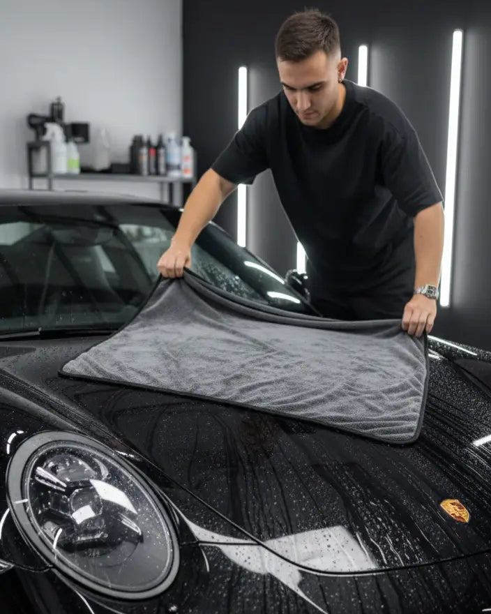 Foto con persona usando microfibra en coche negro mojado. Toalla microfibra super absorbente de alta tecnología.