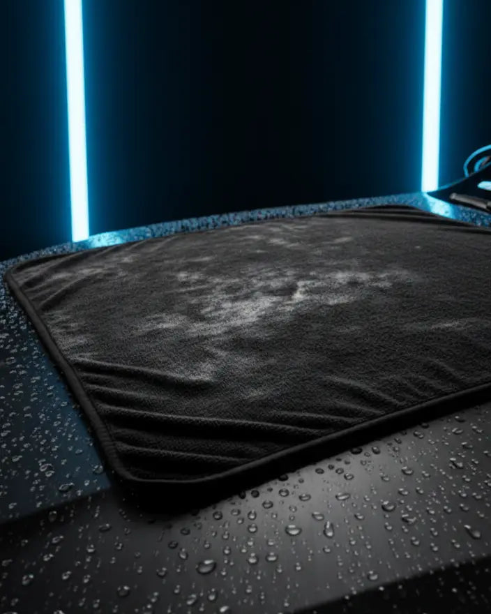 Foto con microfibra sobre capó de coche mojado mostrando como abosrbe el agua sin problema. Toalla microfibra super absorbente de alta tecnología.