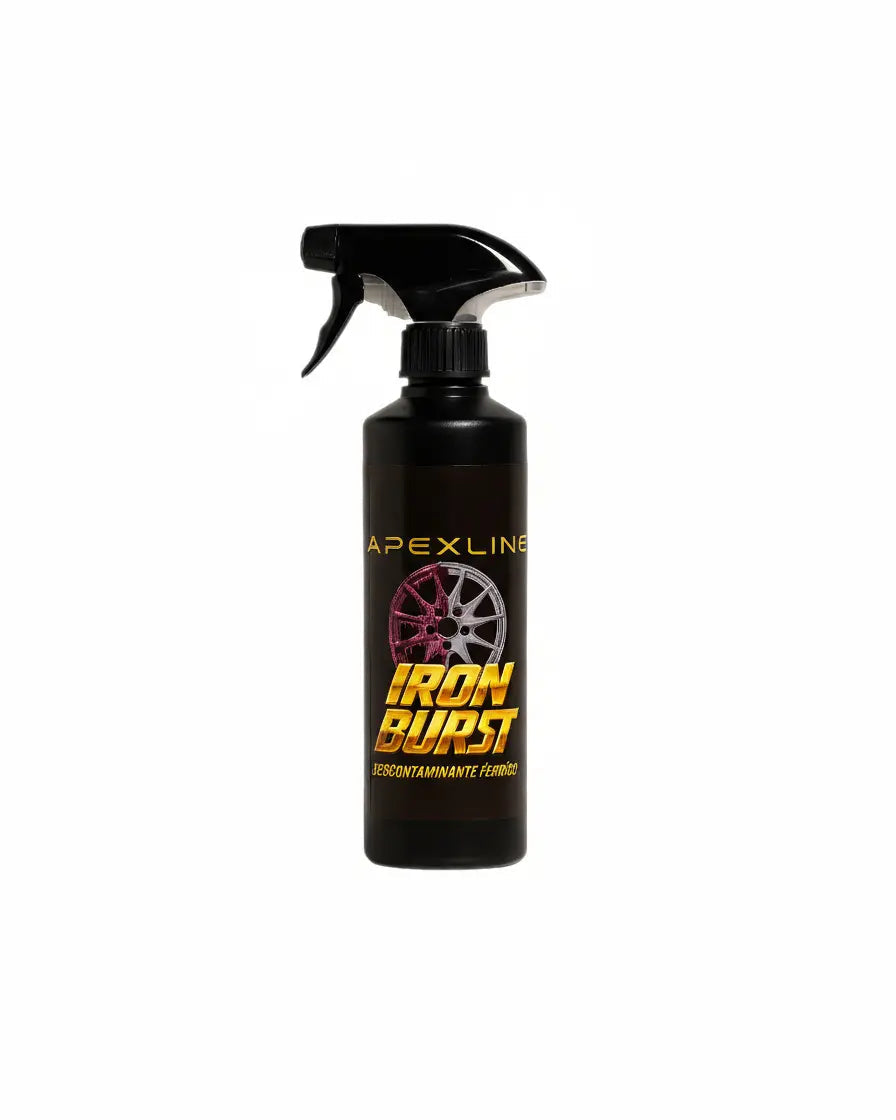 Foto producto con fondo blanco, iron burst descontaminante ferrico limpiallantas, marca apexline letras en dorado y etiqueta negra, producto color negro