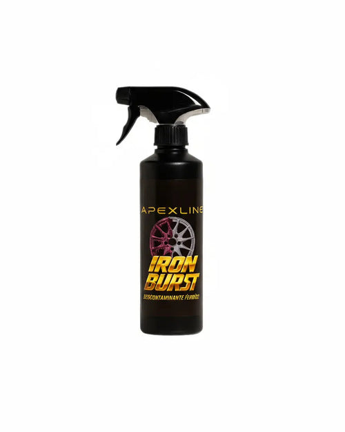 Foto producto con fondo blanco, iron burst descontaminante ferrico limpiallantas, marca apexline letras en dorado y etiqueta negra, producto color negro
