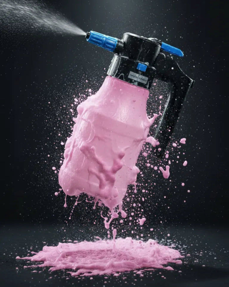 Foto con fondo negro y espumador foamer en el centro activo soltando espuma rosa. Espumador a batería con cargador incluido de 1.5L de capacidad.