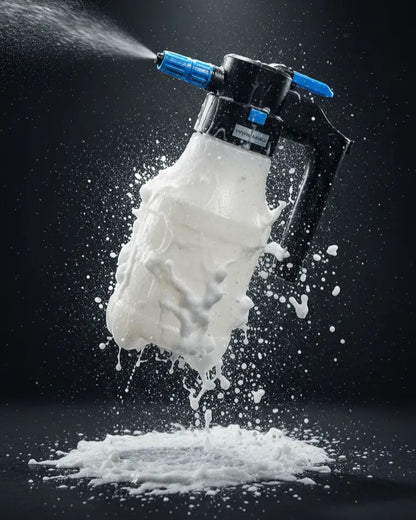 Foto con fondo negro y espumador foamer en el centro soltando espuma blanca. Espumador a batería con cargador incluido de 1.5L de capacidad.