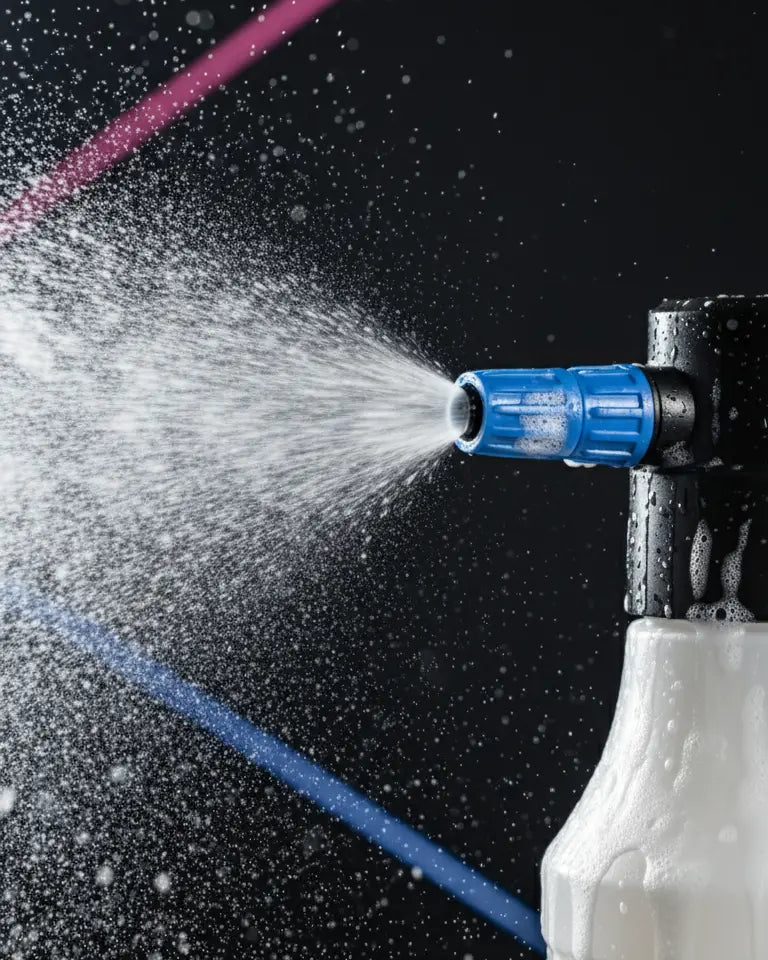 Foto con fondo negro y espumador foamer en el centro tirando espuma blanca hacia la izquierda. Espumador a batería con cargador incluido de 1.5L de capacidad.