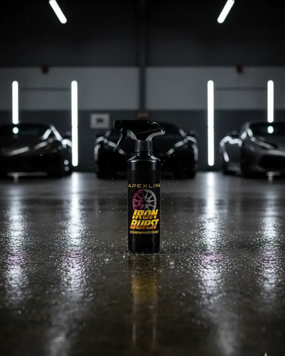 Foto producto con fondo de coches de lujo en garaje, iron burst descontaminante férrico limpiallantas, marca apexline letras en dorado y etiqueta negra, producto color negro