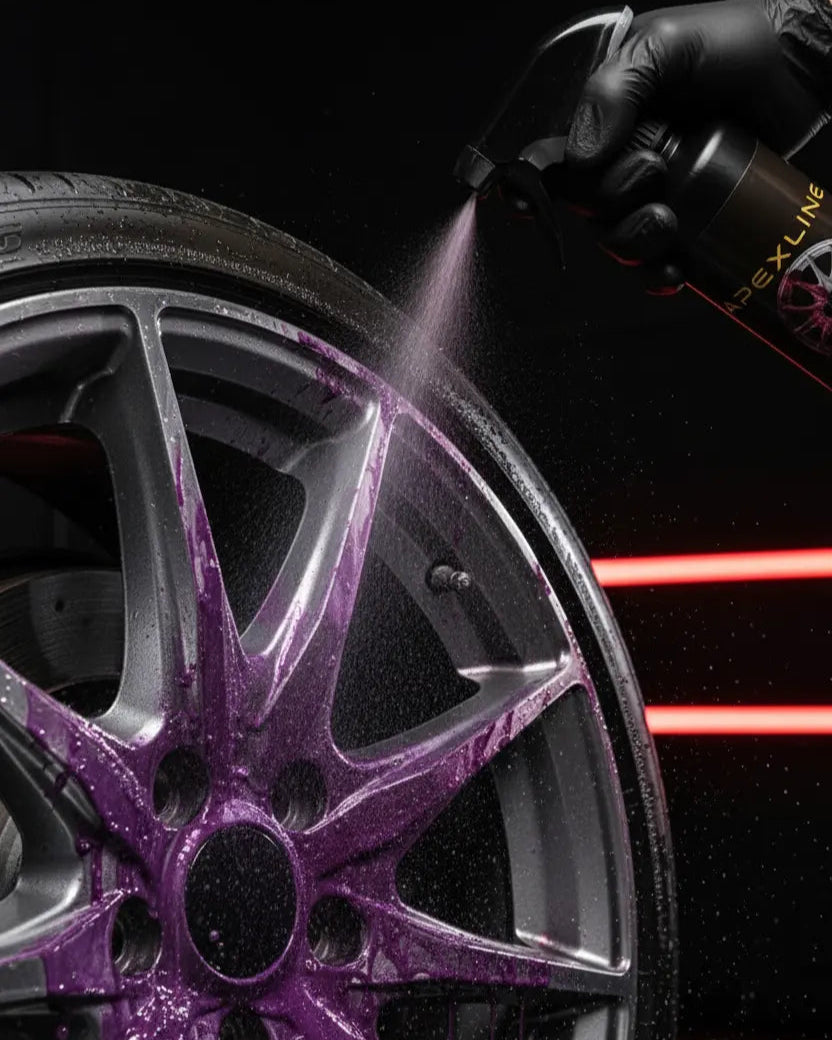 Foto producto con llanta con producto aplicado color morado, iron burst descontaminante férrico limpiallantas, marca apexline letras en dorado y etiqueta negra, producto color negro