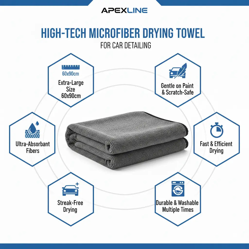 Foto con infografía con fondo blanco y microfibra en el centro. Toalla microfibra super absorbente de alta tecnología. 