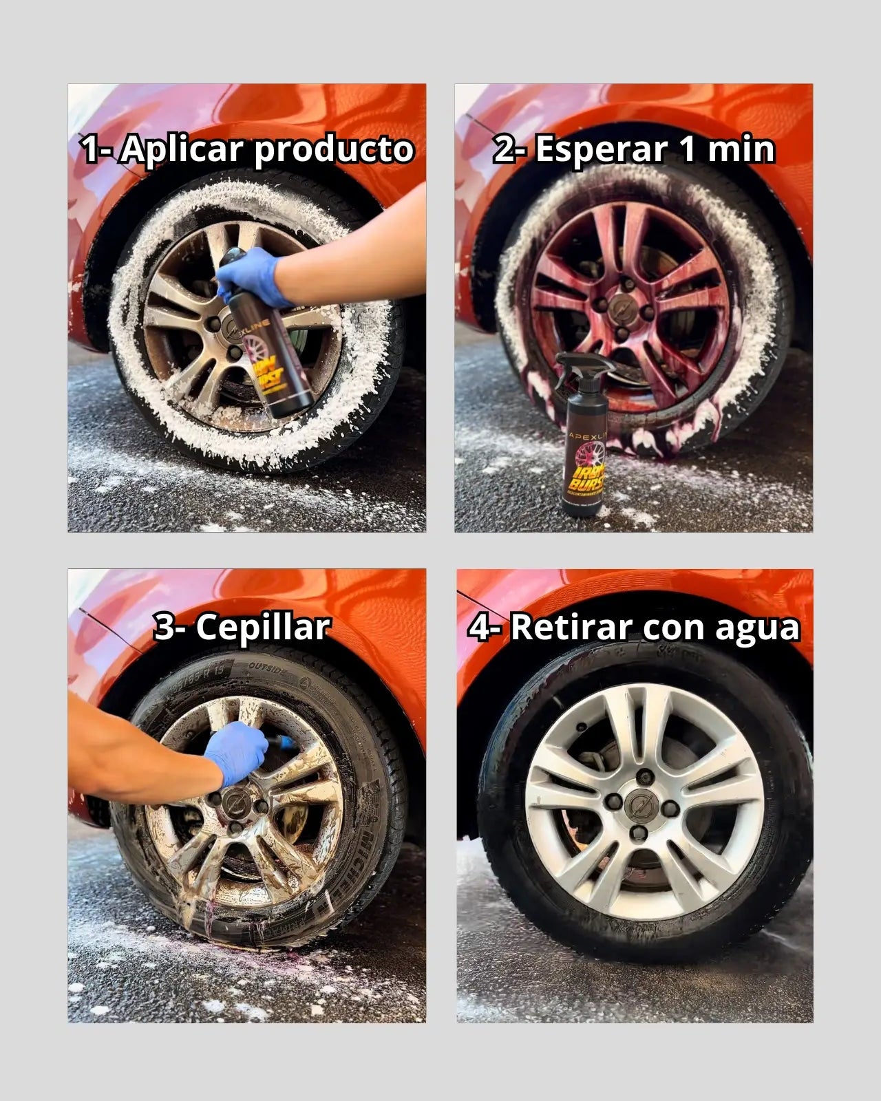 Infografía explicativa con 4 pasos de como funciona el limpiallantas descontaminánte férrico donde se ven 4 imágenes diferentes de como funciona el producto
