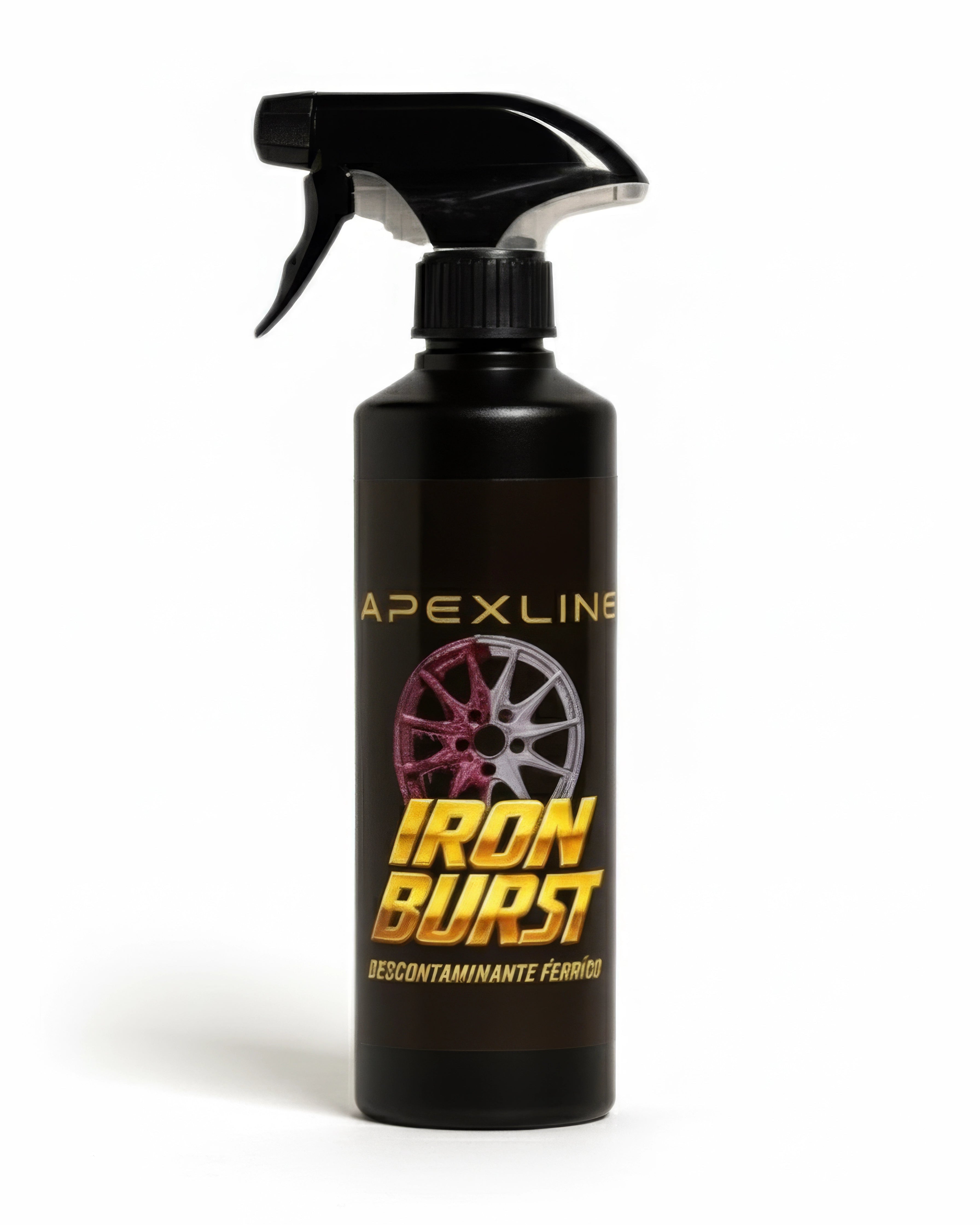 Foto producto con fondo blanco, iron burst descontaminante ferrico limpiallantas, marca apexline letras en dorado y etiqueta negra, producto color negro