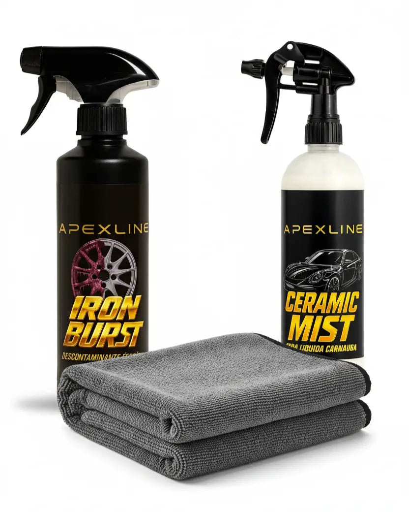 Foto de 3 productos con fondo blanco, limpiallantas, microfibra y cera liquida en el centro.