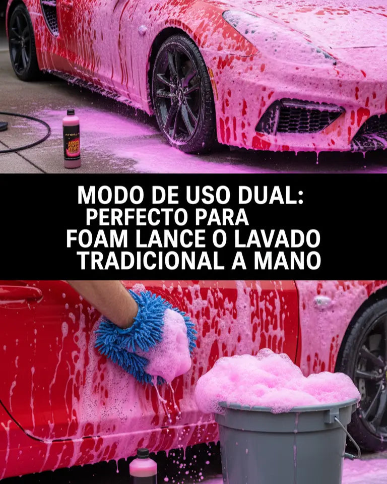 CHAMPU PARA COCHE ACTIVO ROSA INFOGRAFIA PRODUCTO CON DOS FORMAS DE USO