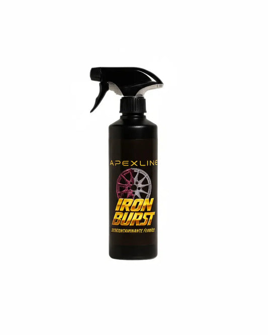 Foto producto con fondo blanco, iron burst descontaminante ferrico limpiallantas, marca apexline letras en dorado y etiqueta negra, producto color negro